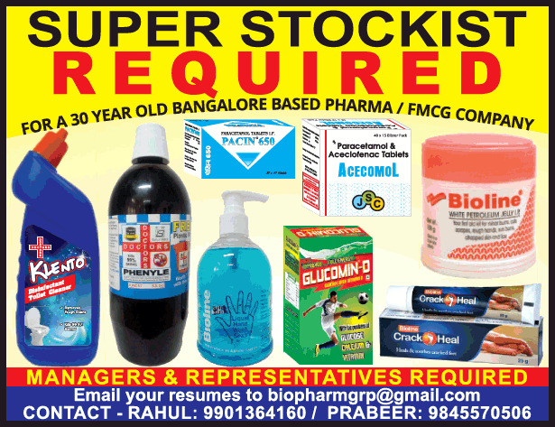 Bangalore Based Pharma Fmcg Company Super Stockist Required Ad