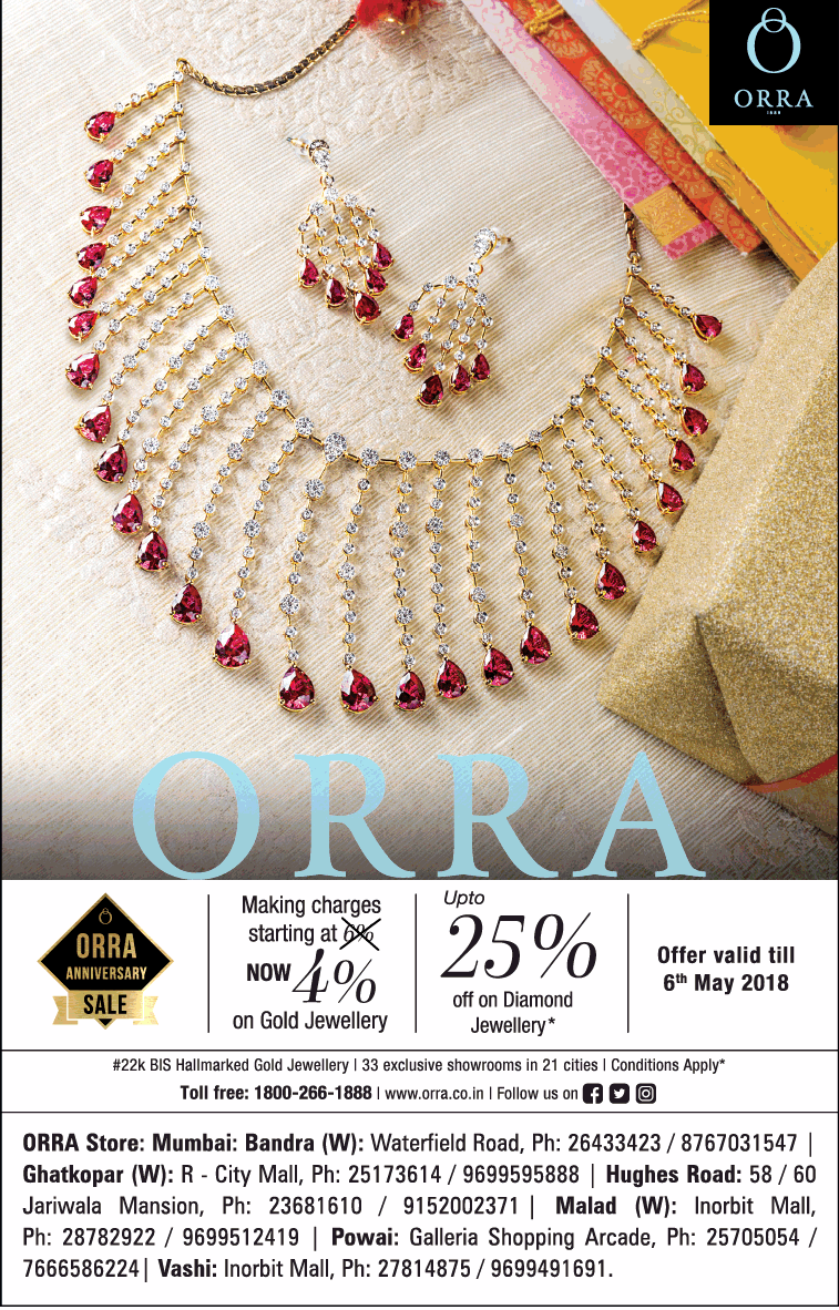 Orra Jewellers Anniversary Sale Upto 25%Off On Diamond Jewellery Ad ...